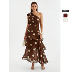 Asymmetrical polka dot dress with openwork details
