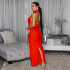 Robe longue de soirée licou dos nu déco fleurs sexy