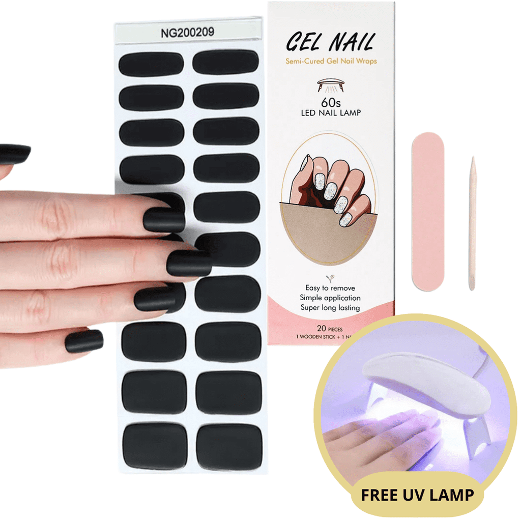 Autocollants ongles gel noir, boîte avec instructions, lime à ongles, bâtonnet en bois, lampe UV gratuite. Manucure facile et longue durée.