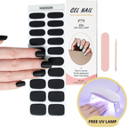 Autocollants ongles gel noir, boîte avec instructions, lime à ongles, bâtonnet en bois, lampe UV gratuite. Manucure facile et longue durée.