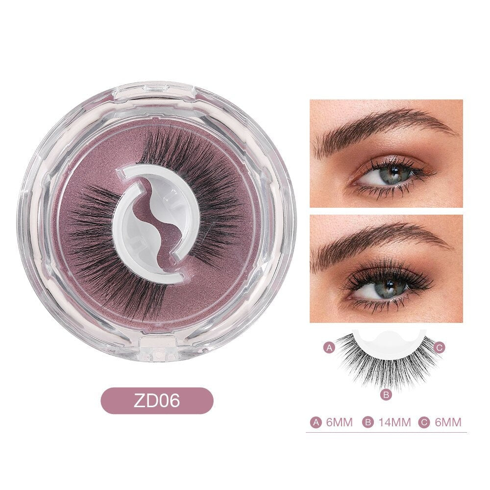Faux cils ZD06 en boîte ronde, longueur 6mm à 14mm, avec photos d'application sur yeux maquillés, idéal pour un regard intense et volumineux.