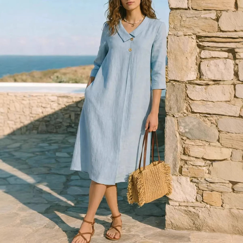 Robe lin col chemise oversize - Coupe décontractée