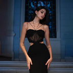 Robe longue dos nu à fente creuse en maille transparente