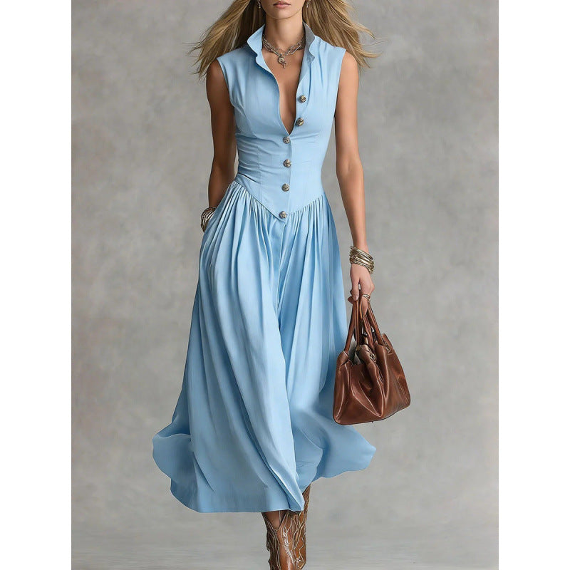 Robe longue épurée à col tailleur et patchwork