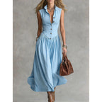 Robe longue épurée à col tailleur et patchwork