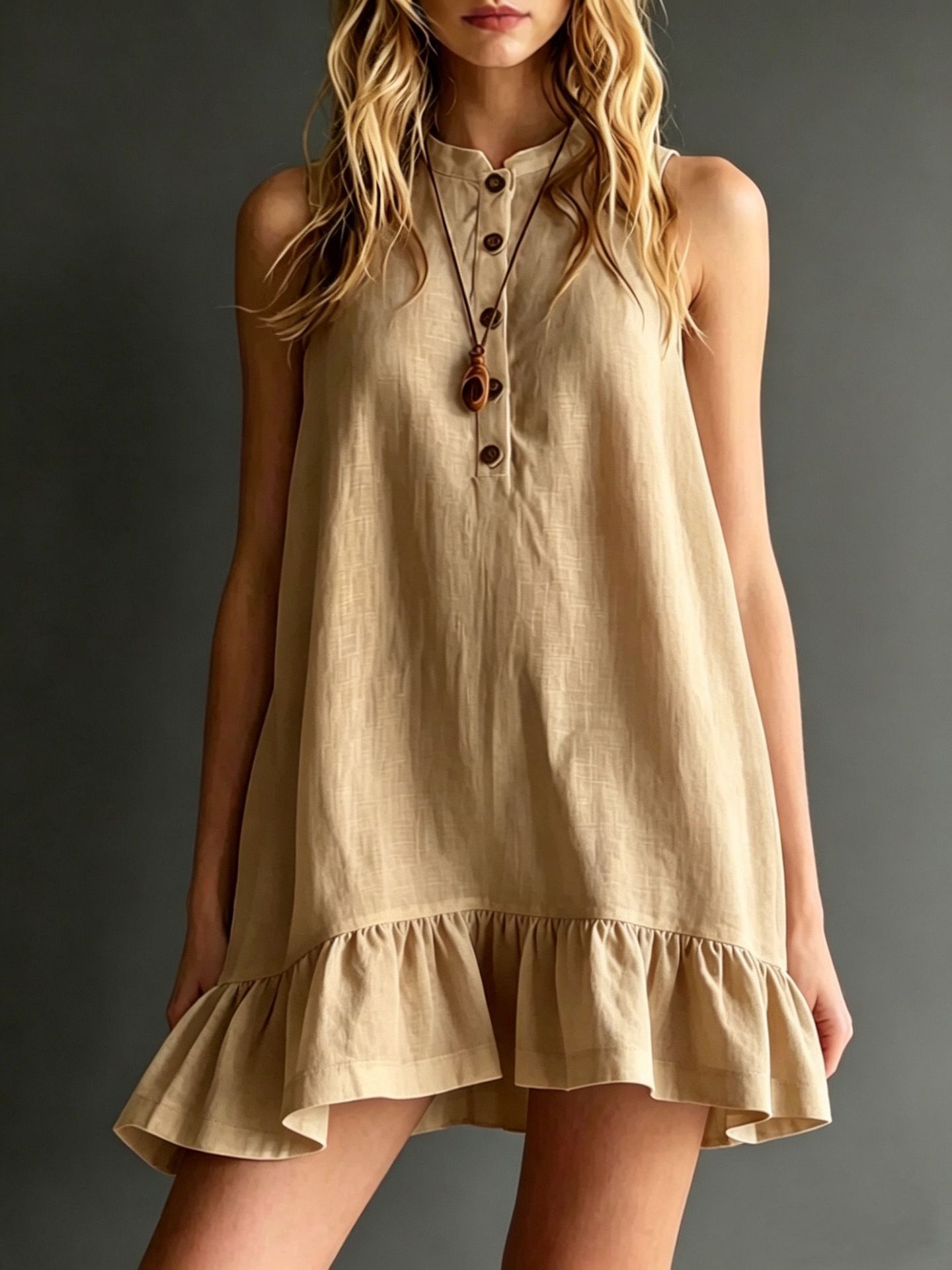 Robe midi col montant lin-coton à volant