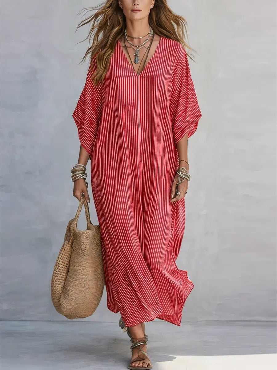 Robe longue rayée col V - Coupe ample et confortable