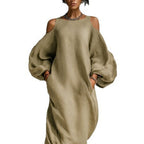 Robe midi épaules dénudées, manches longues et ourlet asymétrique