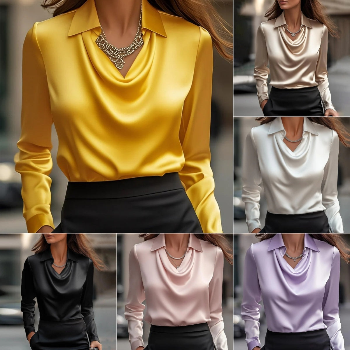 Satin long-sleeve flared collar shirt