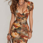 Robe imprimée florale, taille haute et manches bouffantes