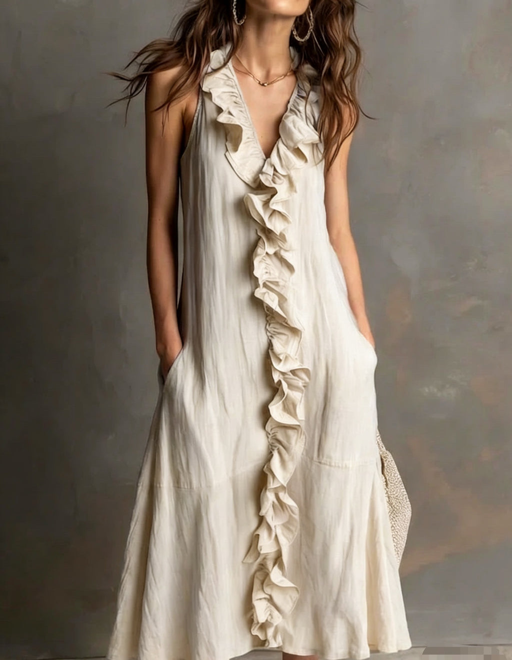 Robe longue lin-coton décolleté V volant