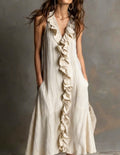 Robe longue lin-coton décolleté V volant