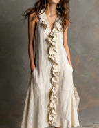 Robe longue lin-coton décolleté V volant