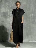 Robe longue vert militaire lin-coton à ceinture