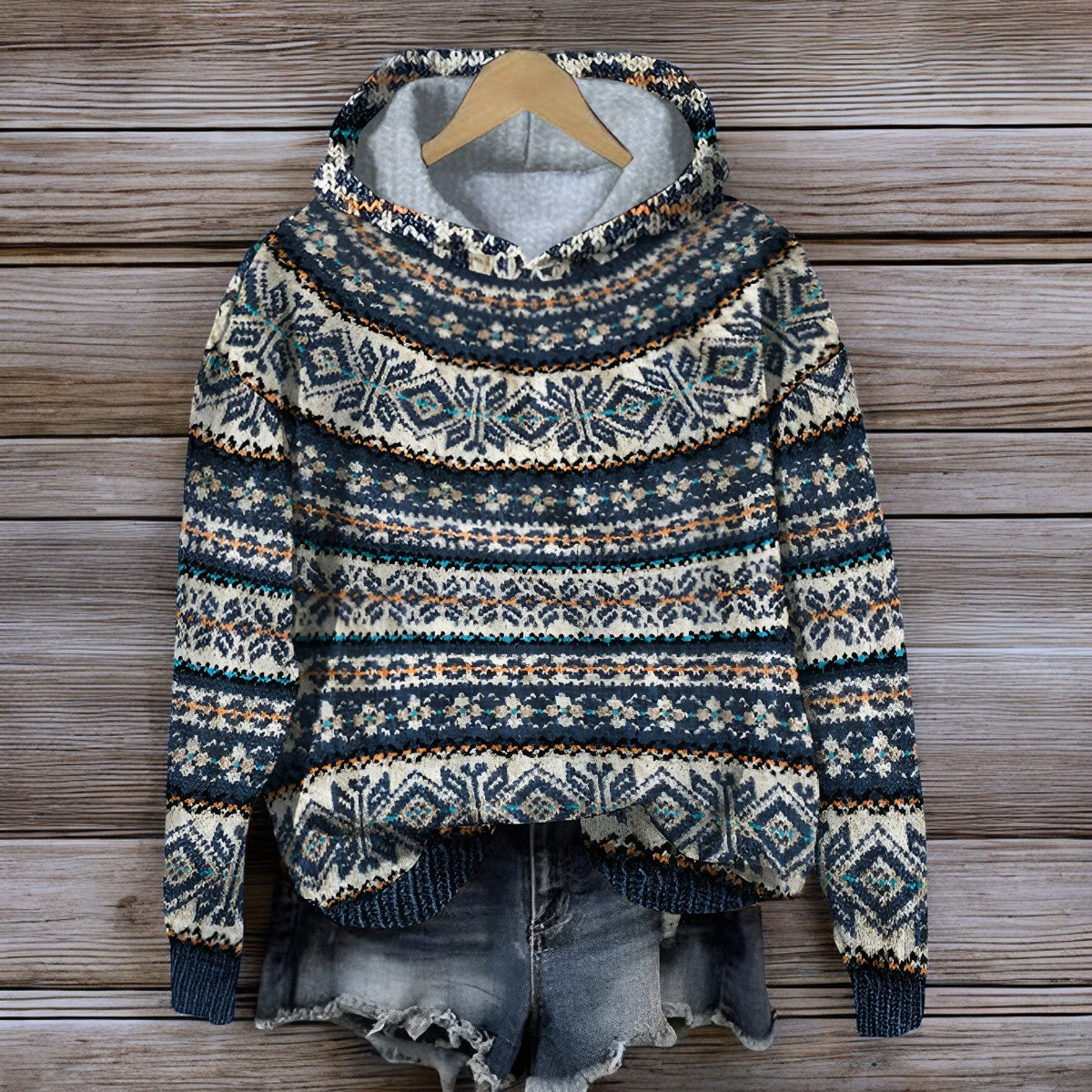 Pull-over en laine à motifs nordiques bleus et blancs, suspendu sur un cintre en bois, avec un short en jean, sur fond de bois rustique.