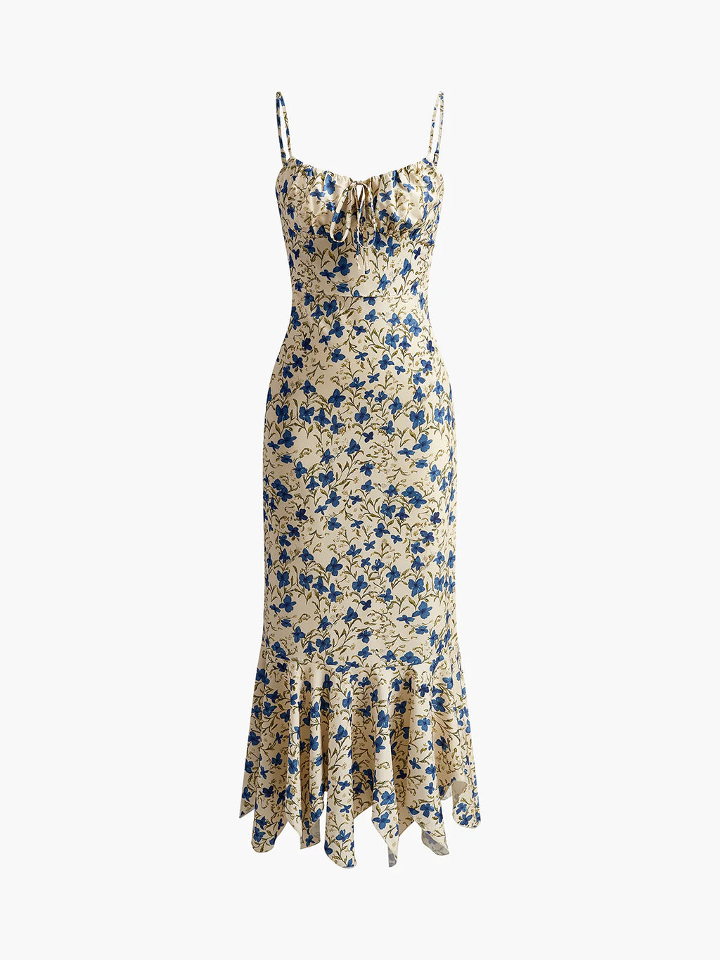 Robe longue fluide à motifs floraux et ceinture cintrante