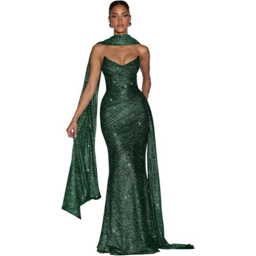Sequin evening dress with side slit