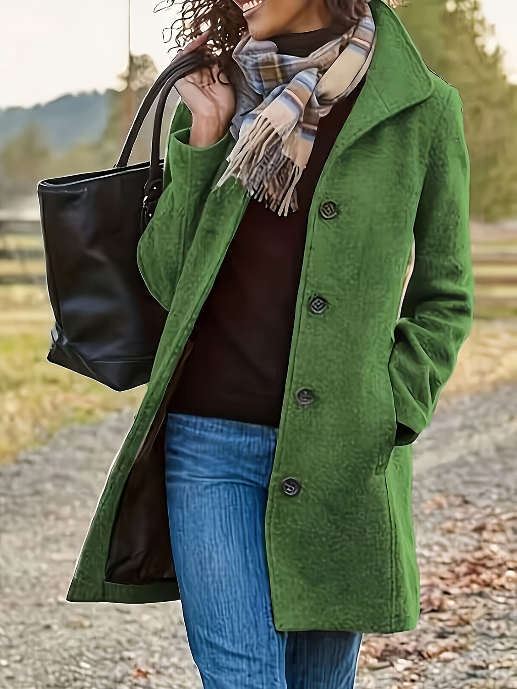 Femme portant un manteau vert élégant, écharpe à carreaux, sac à main noir, sur un chemin rural. Mode automne, style chic, vêtements tendance.