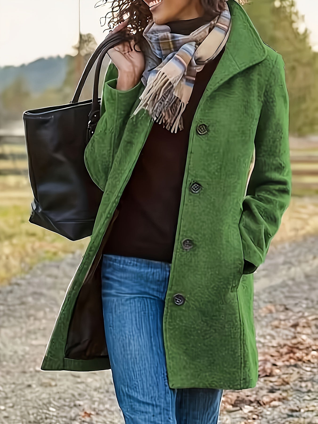 Femme portant un manteau vert élégant, écharpe à carreaux, sac à main noir, sur un chemin rural. Mode automne, style chic, vêtements tendance.