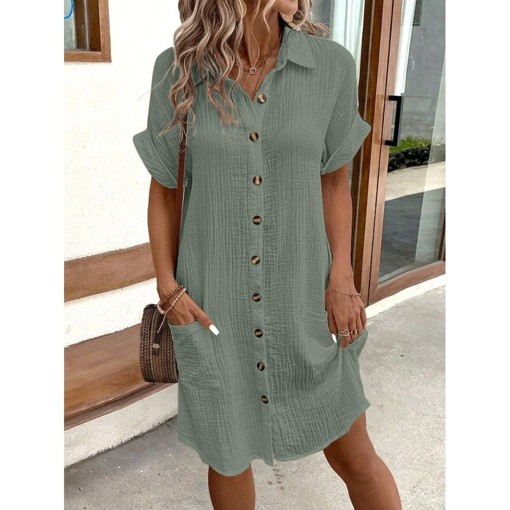 Chemise-robe lin coton unie à boutons