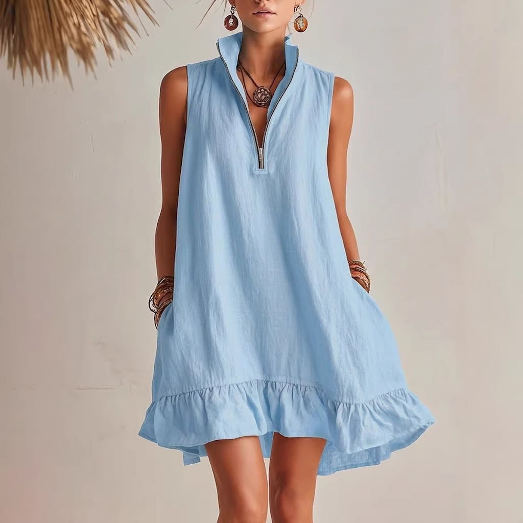 Robe trapèze sans manches à col demi-zip et volant
