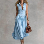 Robe longue épurée à col tailleur et patchwork