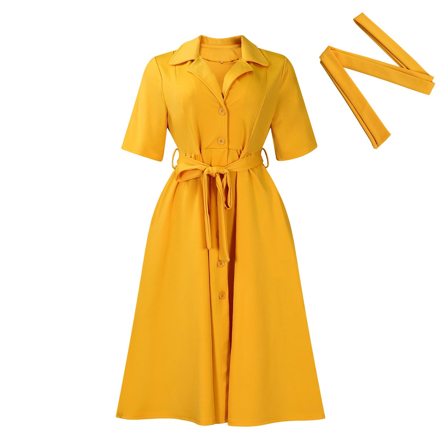Robe mi-longue manches courtes avec ceinture