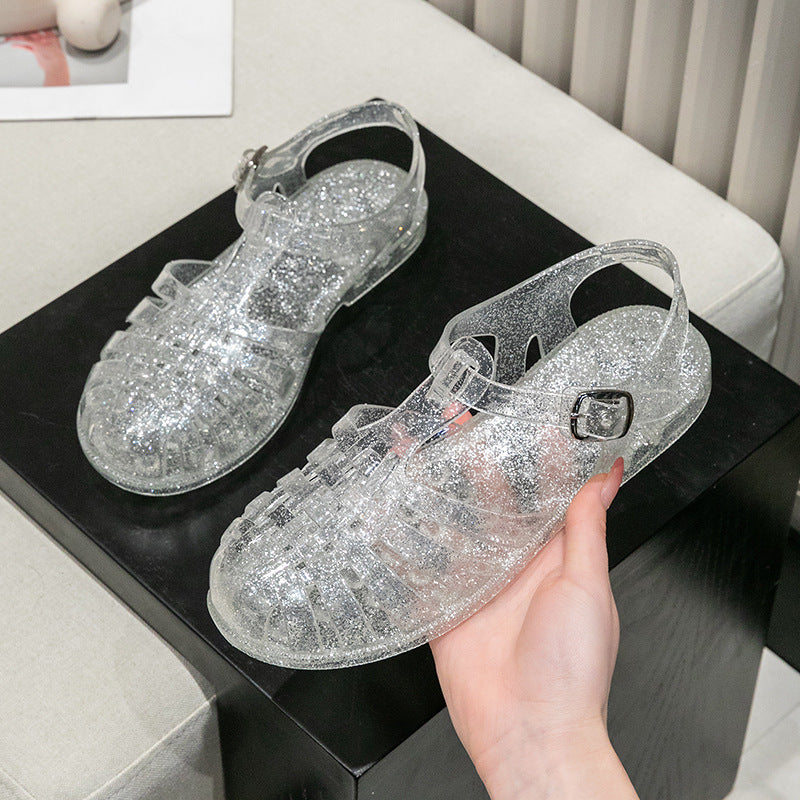Crystal hollow flat sandals