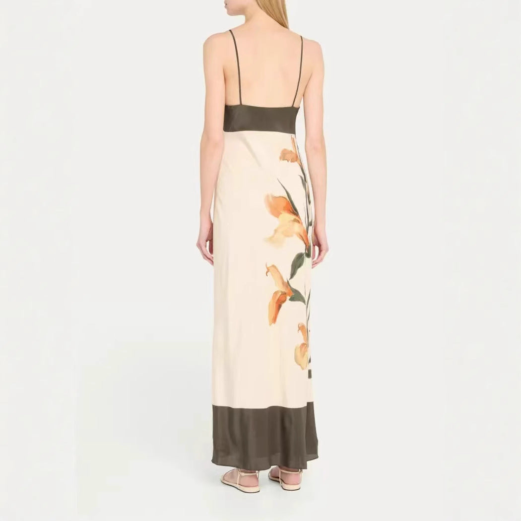 Robe longue fluide col V motif fleuri