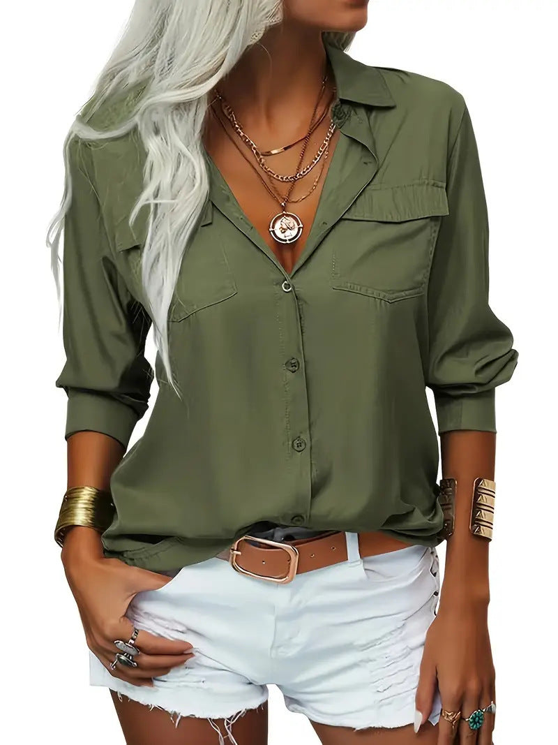 Chemise col V manches longues en mousseline de soie - Chic&Shines