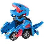 Jouet dinosaure transformable bleu en voiture, design futuriste, roues noires, détails rouges, idéal pour enfants, cadeau original et éducatif.