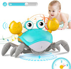 Jouet crabe musical interactif pour bébé, bleu et jaune, avec lumières LED et mouvements, idéal pour éveil et divertissement des tout-petits.