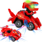 Voiture jouet dinosaure rouge transformable, lumières LED, roues tout-terrain, design innovant pour enfants. Jouet interactif et éducatif.