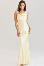 Robe longue satinée à nouer – Jaune clair ou bleu nuit
