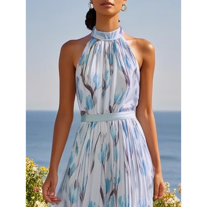 Flowy halter-neck wrap dress with floral print