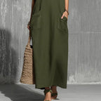 Robe longue vert militaire lin-coton à ceinture