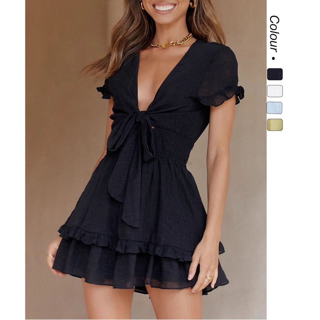 Off-white tiered short dress with tie neck