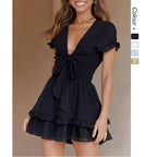Off-white tiered short dress with tie neck