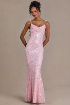 Robe longue dos nu perlée et paillettes