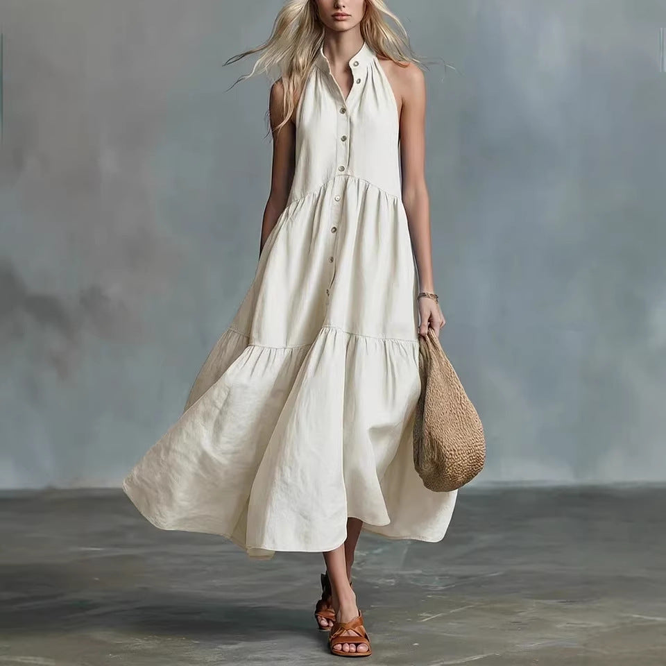 Robe-chemise lin et coton, coupe ample sans manches