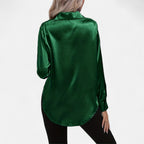 Chemisier boutonné en satin pour femme – Chemise classique à manches longues et revers