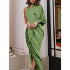 Robe longue plissée à une épaule et fente latérale - Chic&Shines