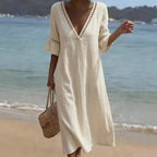 Robe lin coton col V loose fit élégante