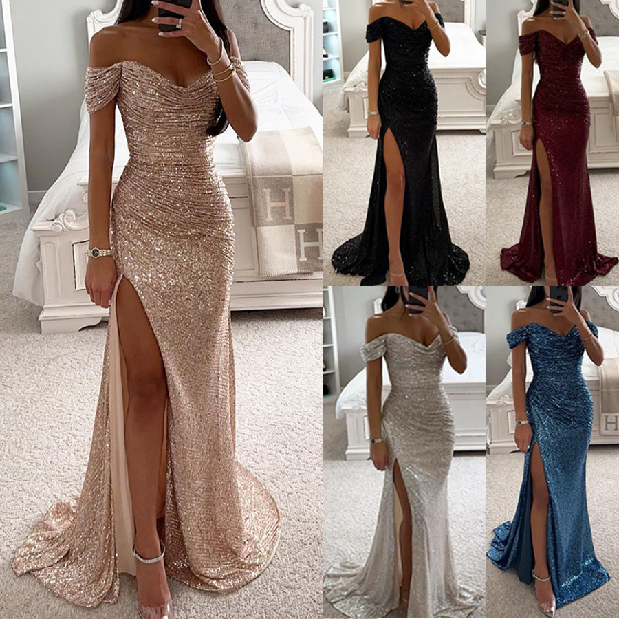 Robe de soirée d'automne pour femmes - robe longue pailletée décolletée avec fente pour le mariage et la fête