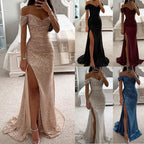 Robe de soirée d'automne pour femmes - robe longue pailletée décolletée avec fente pour le mariage et la fête