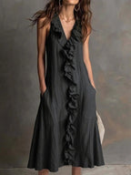 Robe longue lin-coton décolleté V volant