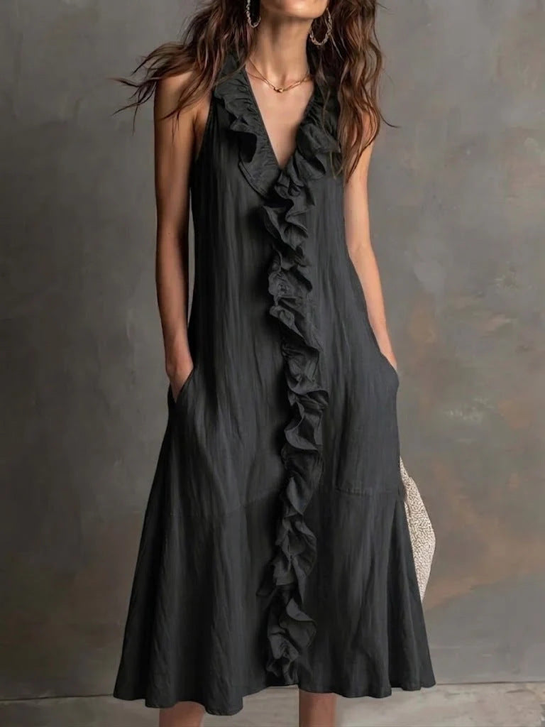 Robe longue lin-coton décolleté V volant