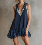 Mini-robe à capuche patchwork bleu marine