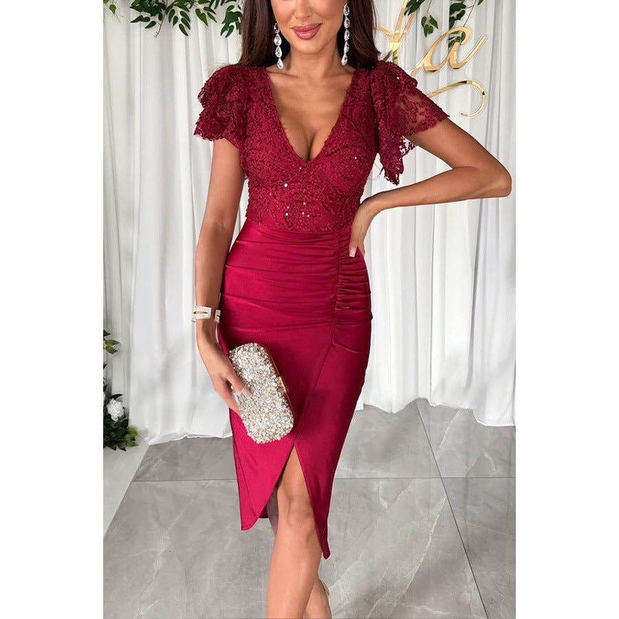 Robe courte fendue décolleté manches courtes de soirée - Chic&Shines