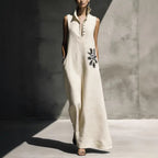 Robe lin-coton col Mandarin motif floral
